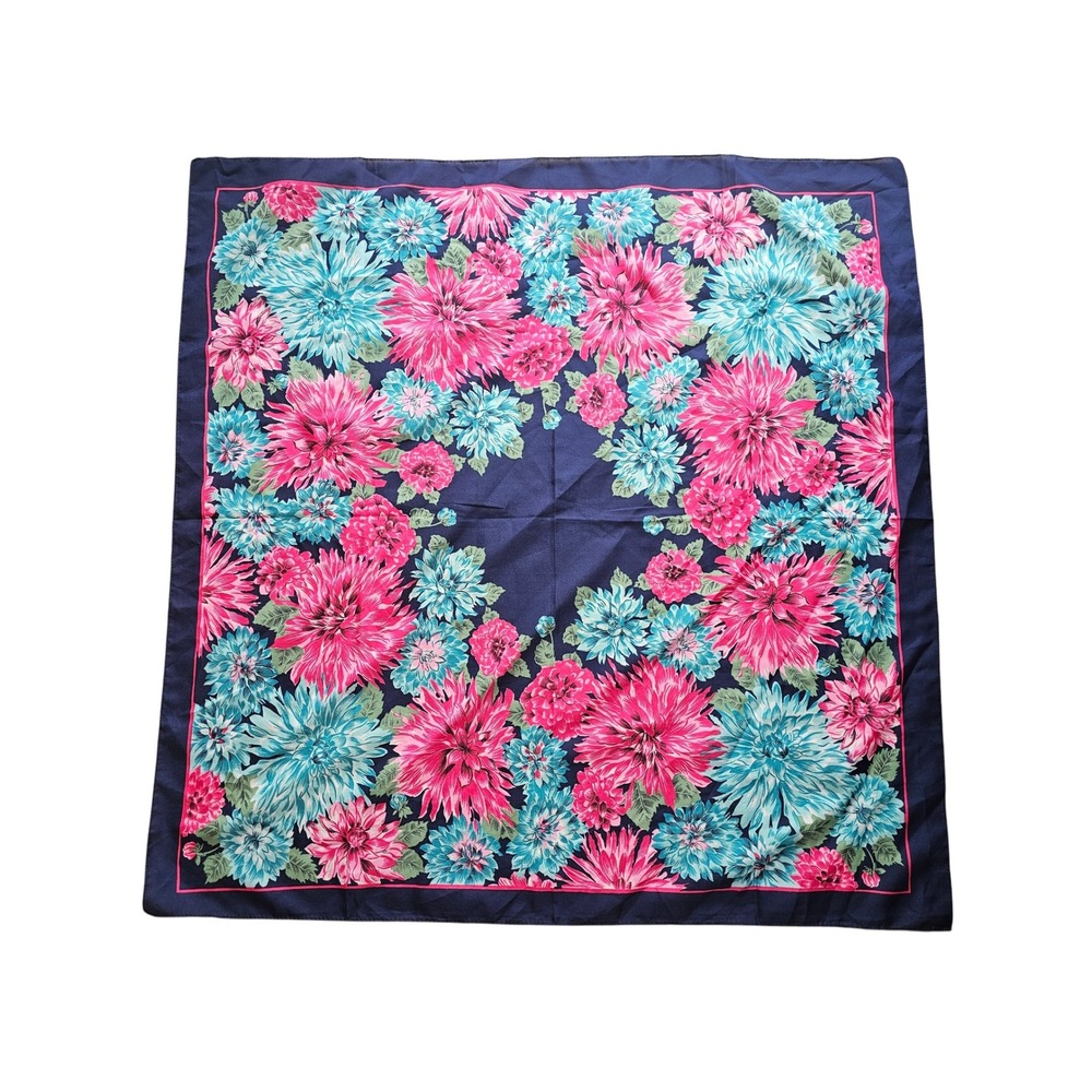 Vtg‎ Glentex Silky Scarf Navy Pink Teal Dahlia Floral Square Accessory 30x30 EUC